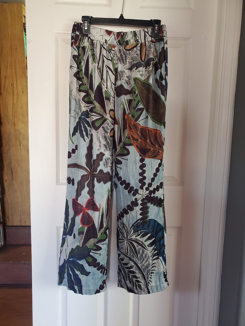 Tropical Leaf Print Wide Leg Pants Satin Multicolor Preppy Beachy Summer Medium